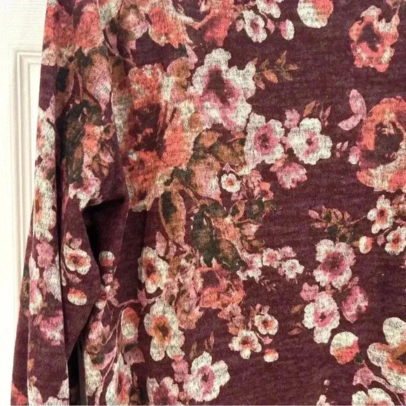 Apt 9 Floral Long Sleeve Round Neck Blouse Sz L Maroon Side Tie Shirt Fall Boho - Picture 6 of 11